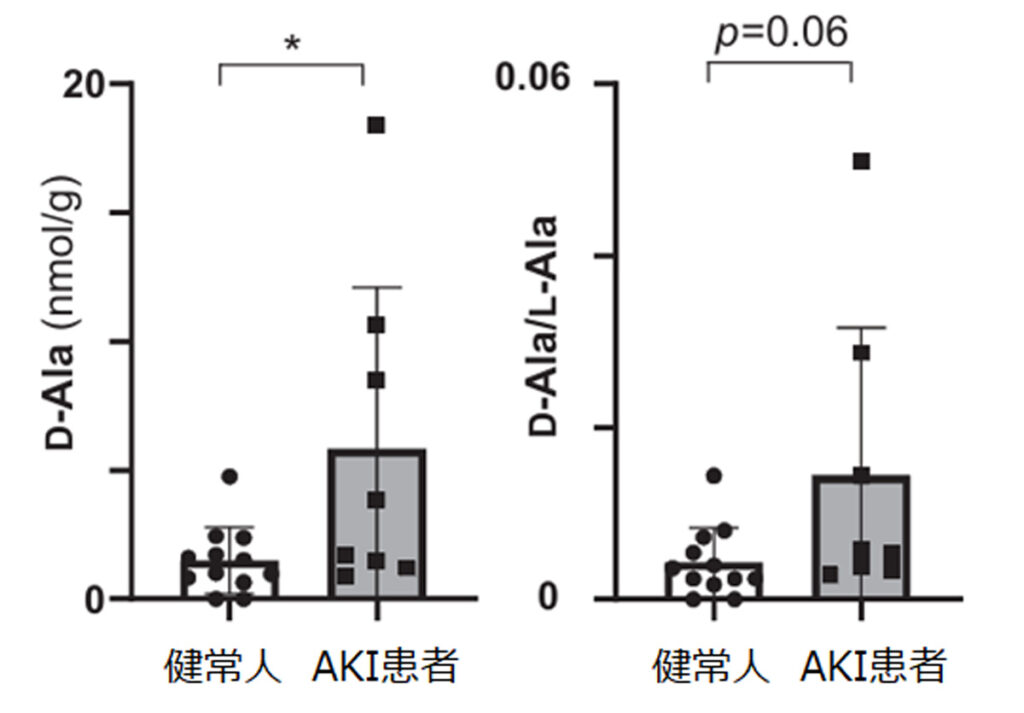 急性腎障害(AKI)患者と健常対照群の血漿D-Alaの比較グラフ（Dｰアラニンコラム）